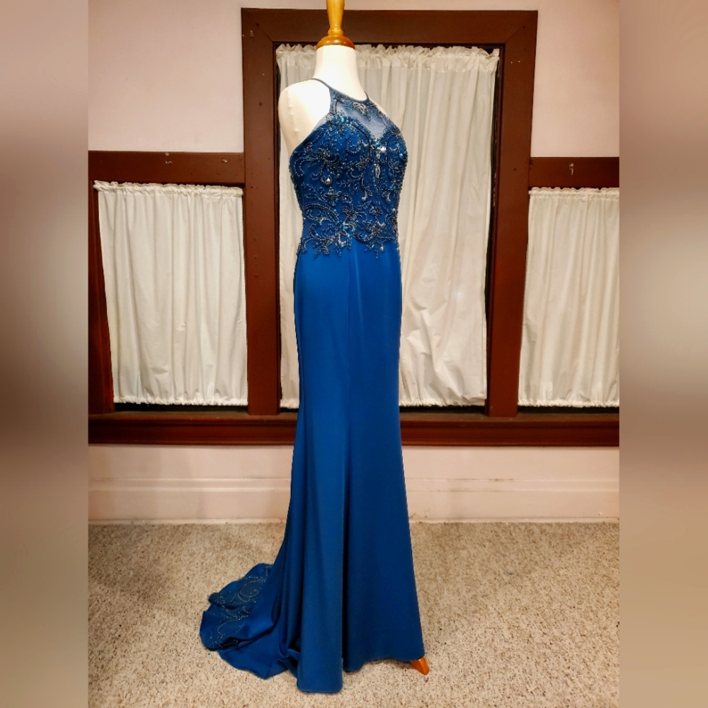 Peacock Blue Fancy Train Gown